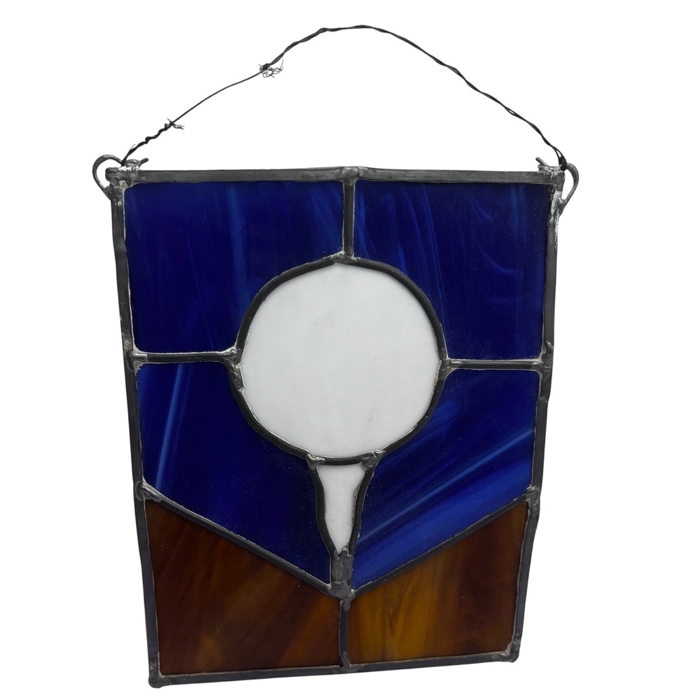 Vintage Abstract Stained Glass Suncatcher Blue Amber White Panel Wall Hanging
